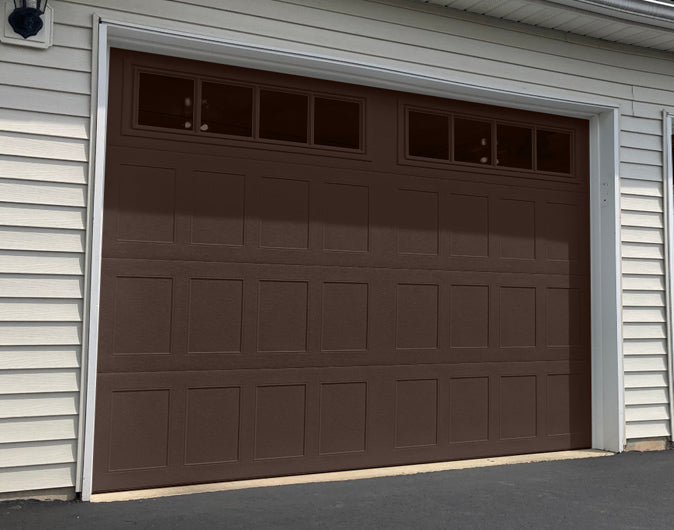 CHI Timeless Stamped Shaker Insulated Modern Garage Doors with Glass in Brown