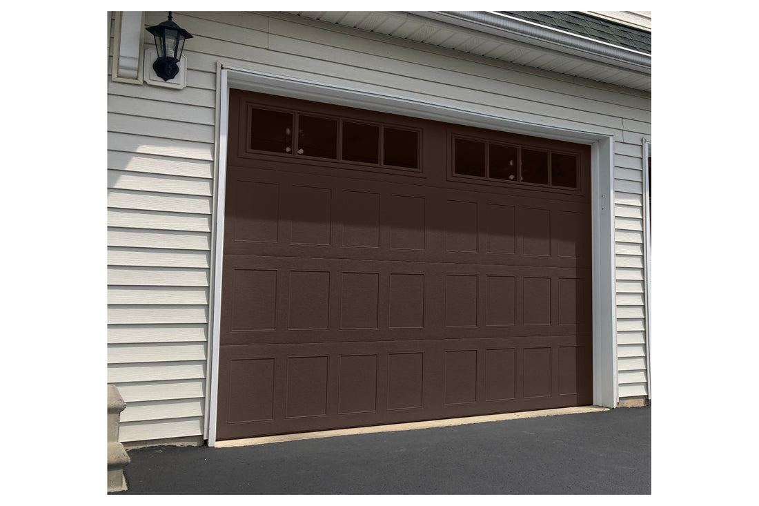 CHI Timeless Stamped Shaker Insulated Modern Garage Doors with Glass in Brown