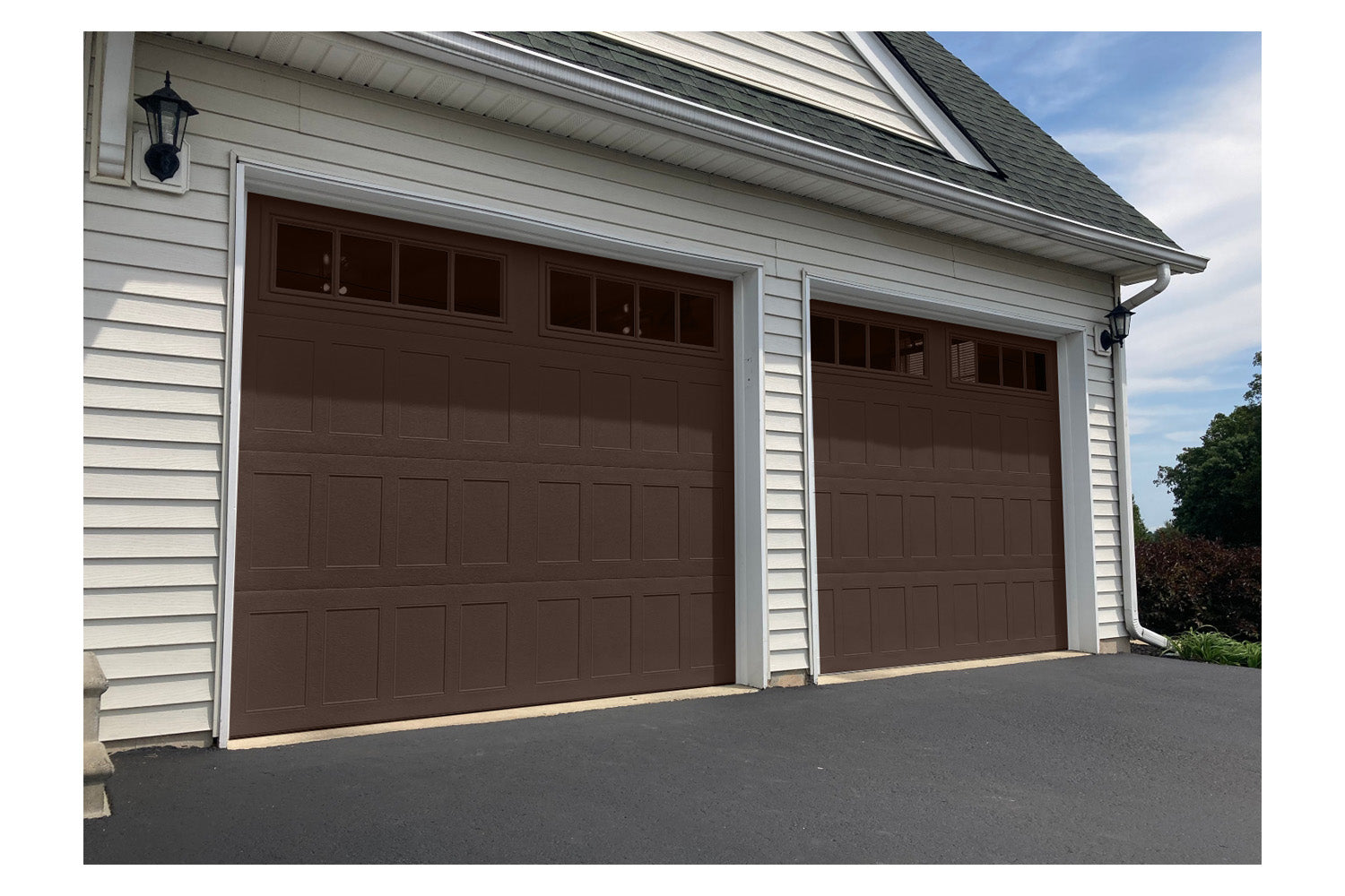 CHI Timeless Stamped Shaker Insulated Modern Garage Doors with Glass in Brown