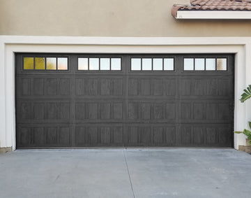 CHI Timeless Stamped Shaker Insulated Modern Garage Doors with Glass in Woodtone Carbon Oak