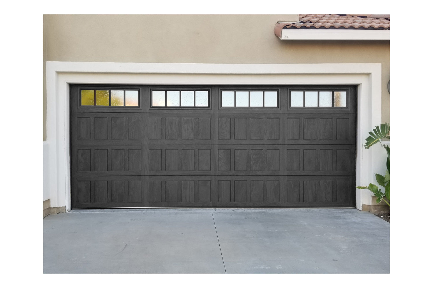 CHI Timeless Stamped Shaker Insulated Modern Garage Doors with Glass in Woodtone Carbon Oak
