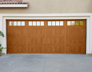 CHI Timeless Stamped Shaker Insulated Modern Garage Doors with Glass in Woodtone Cedar