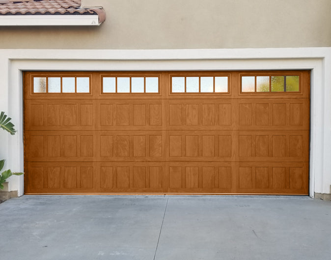 CHI Timeless Stamped Shaker Insulated Modern Garage Doors with Glass in Woodtone Cedar