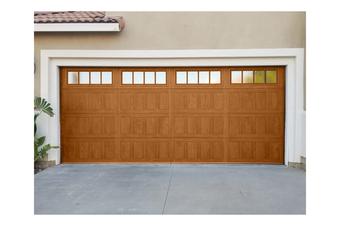 CHI Timeless Stamped Shaker Insulated Modern Garage Doors with Glass in Woodtone Cedar