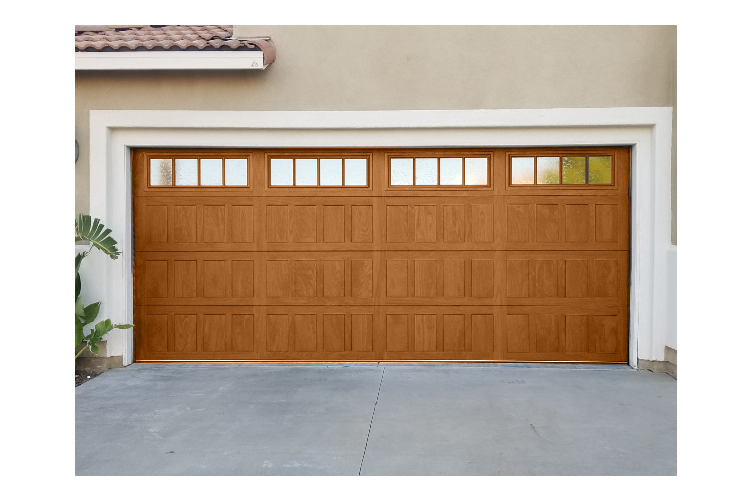 CHI Timeless Stamped Shaker Insulated Modern Garage Doors with Glass in Woodtone Cedar