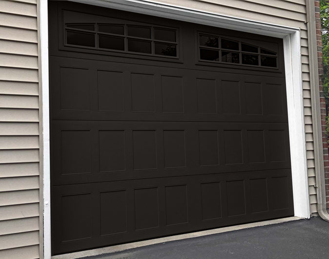 CHI Timeless Stamped Shaker Insulated Modern Garage Doors with Glass in Powder Coated Dark Bronze