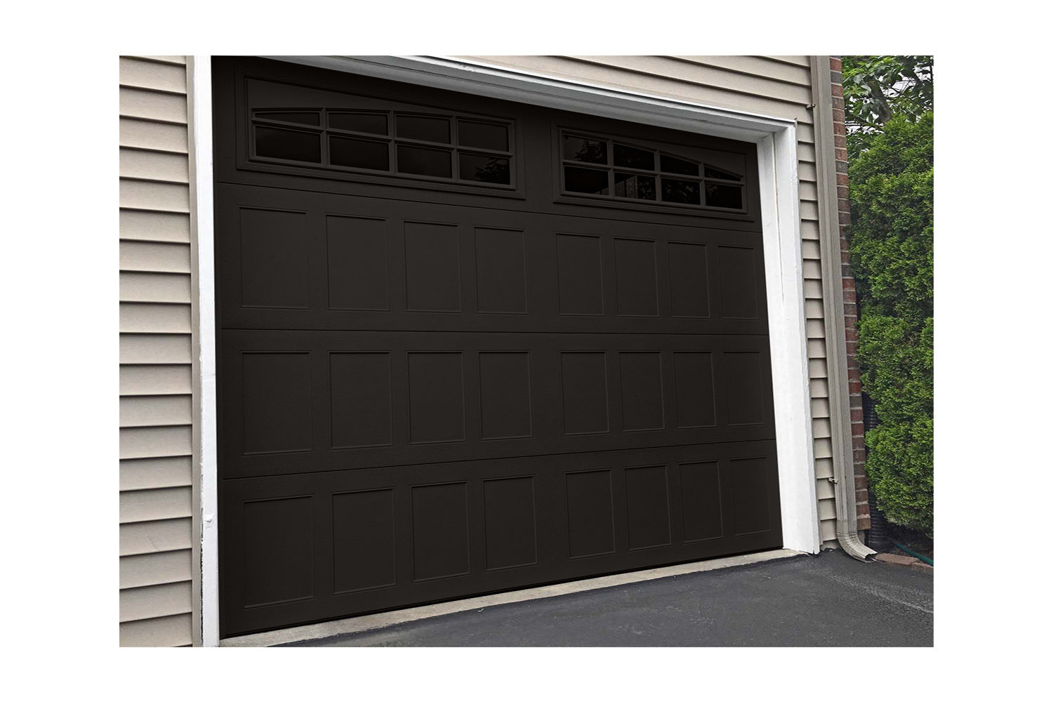 CHI Timeless Stamped Shaker Insulated Modern Garage Doors with Glass in Powder Coated Dark Bronze