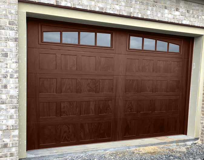 CHI Timeless Stamped Shaker Insulated Modern Garage Doors with Glass in Woodtone Dark Oak