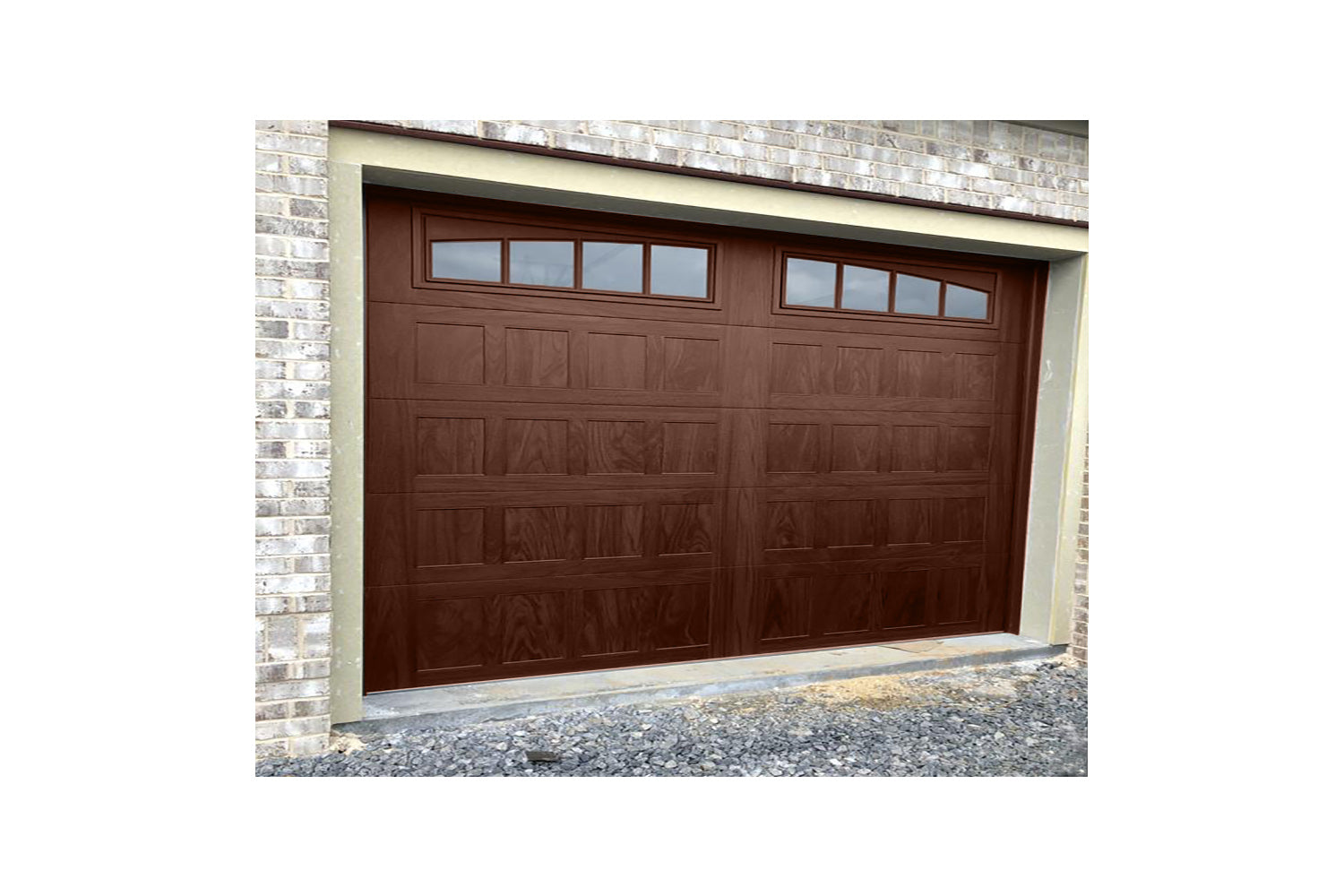 CHI Timeless Stamped Shaker Insulated Modern Garage Doors with Glass in Woodtone Dark Oak