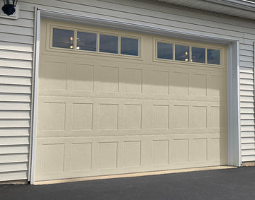 CHI Timeless Stamped Shaker Insulated Modern Garage Doors with Glass in Desert Tan