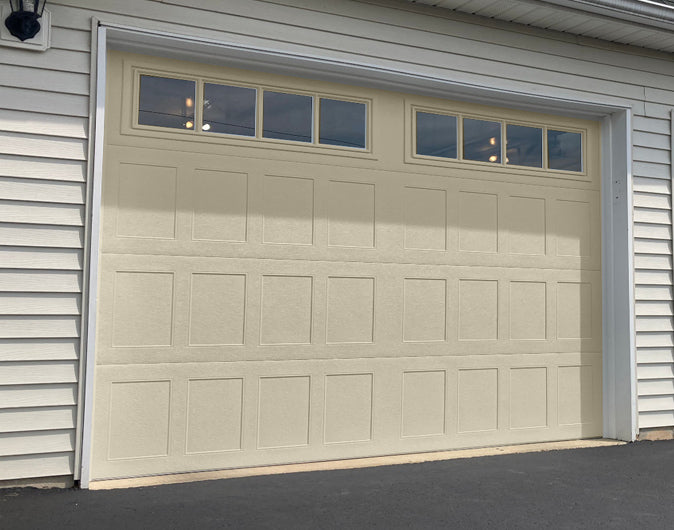 CHI Timeless Stamped Shaker Insulated Modern Garage Doors with Glass in Desert Tan
