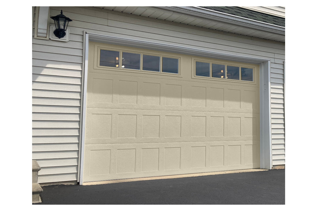 CHI Timeless Stamped Shaker Insulated Modern Garage Doors with Glass in Desert Tan