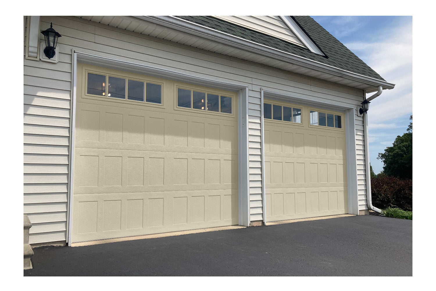 CHI Timeless Stamped Shaker Insulated Modern Garage Doors with Glass in Desert Tan