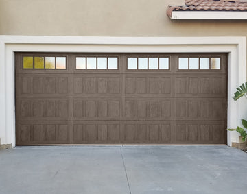 CHI Timeless Stamped Shaker Insulated Modern Garage Doors with Glass in Woodtone Driftwood