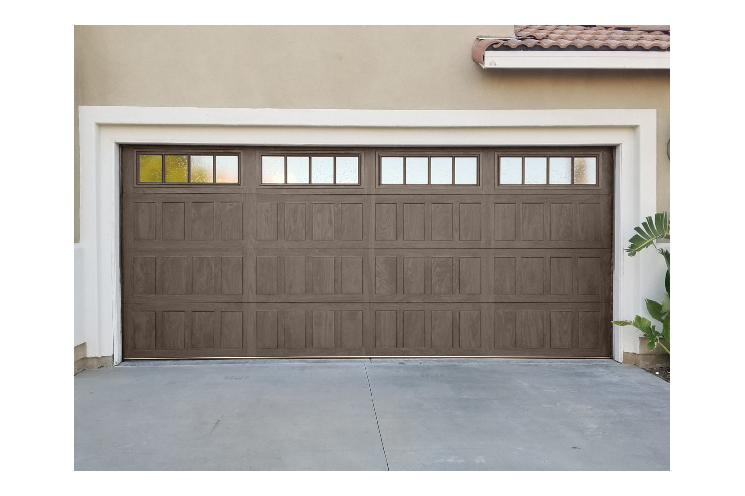 CHI Timeless Stamped Shaker Insulated Modern Garage Doors with Glass in Woodtone Driftwood