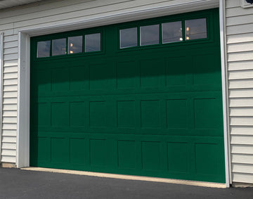 CHI Timeless Stamped Shaker Insulated Modern Garage Doors with Glass in Powder Coated Evergreen