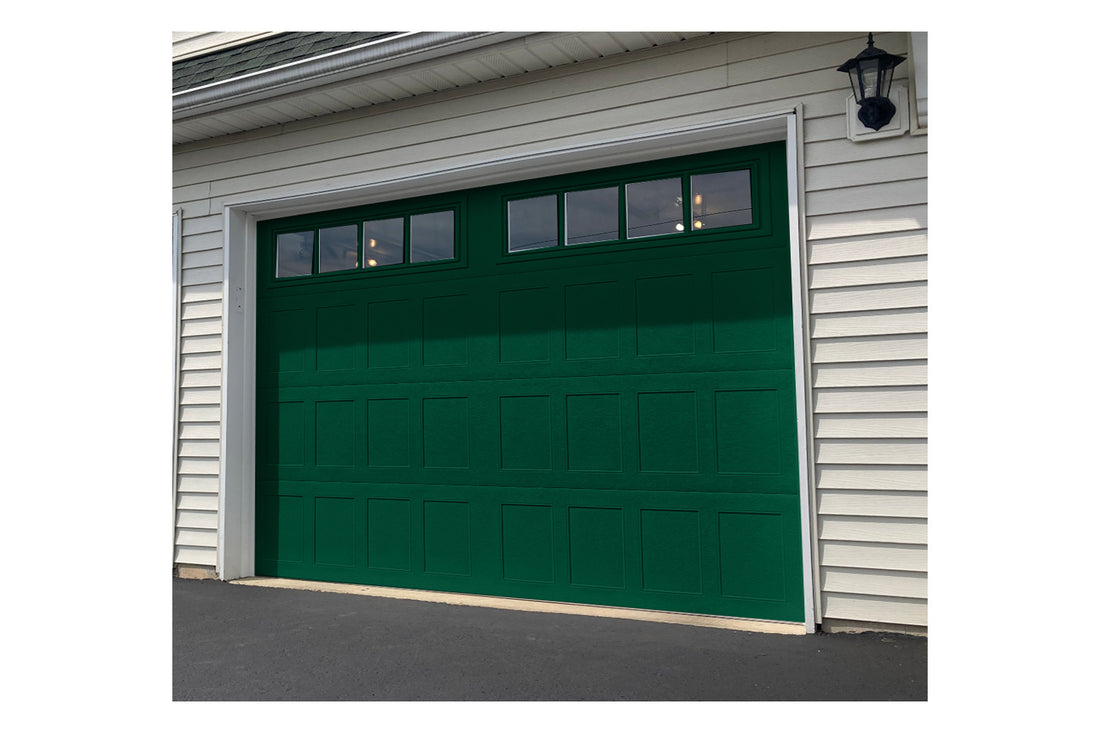 CHI Timeless Stamped Shaker Insulated Modern Garage Doors with Glass in Powder Coated Evergreen