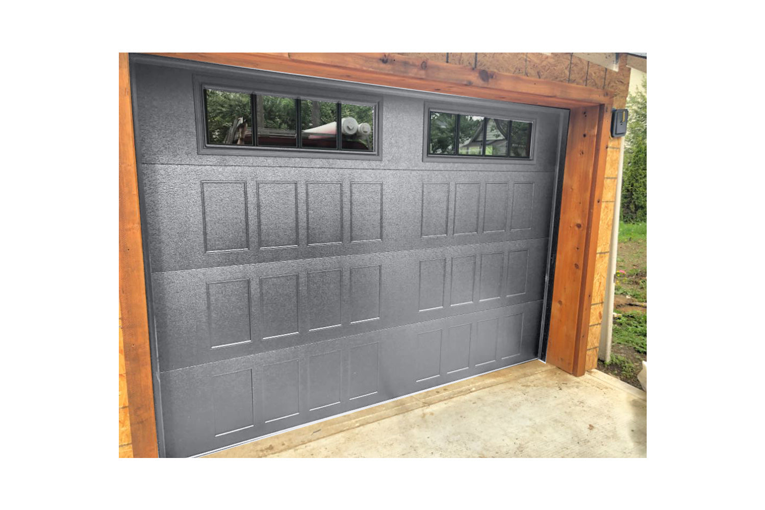 CHI Timeless Stamped Shaker Insulated Modern Garage Doors with Glass in Gray