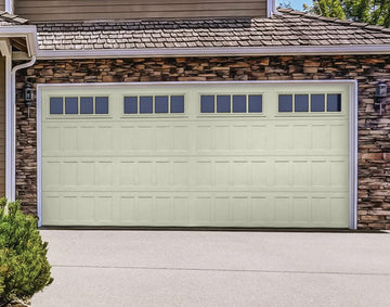 CHI Timeless Stamped Shaker Insulated Modern Garage Doors with Glass in Powder Coated Ivory