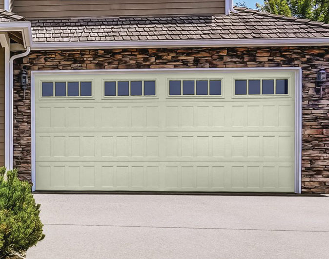 CHI Timeless Stamped Shaker Insulated Modern Garage Doors with Glass in Powder Coated Ivory