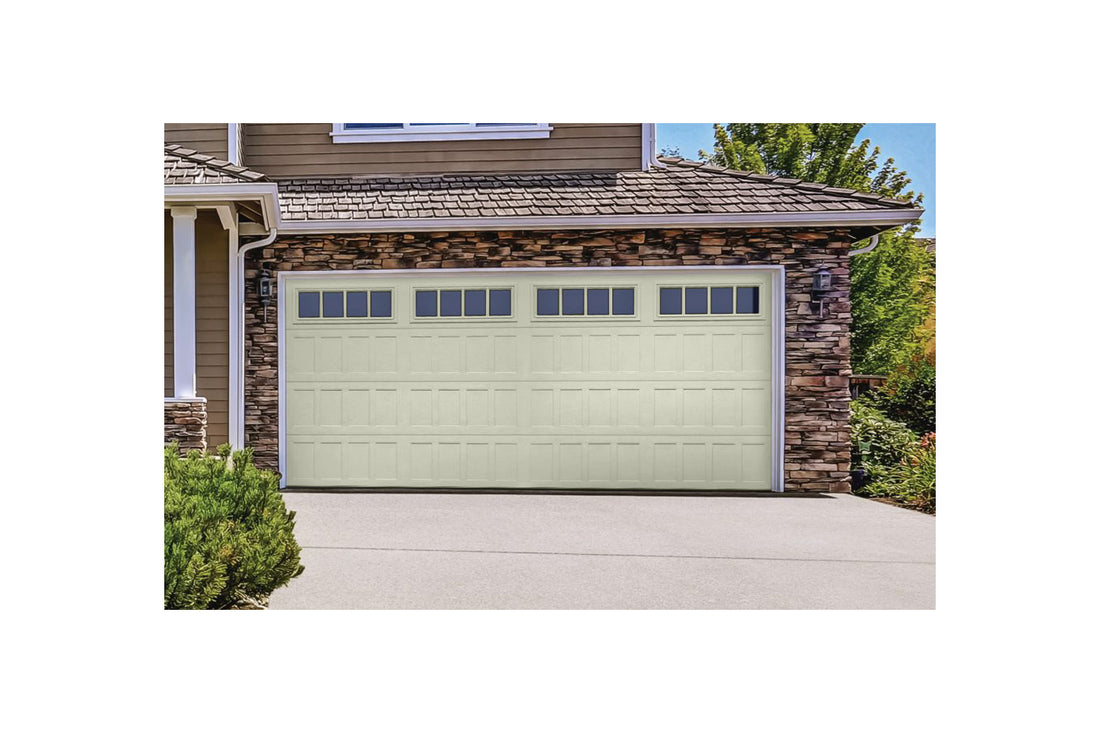 CHI Timeless Stamped Shaker Insulated Modern Garage Doors with Glass in Powder Coated Ivory