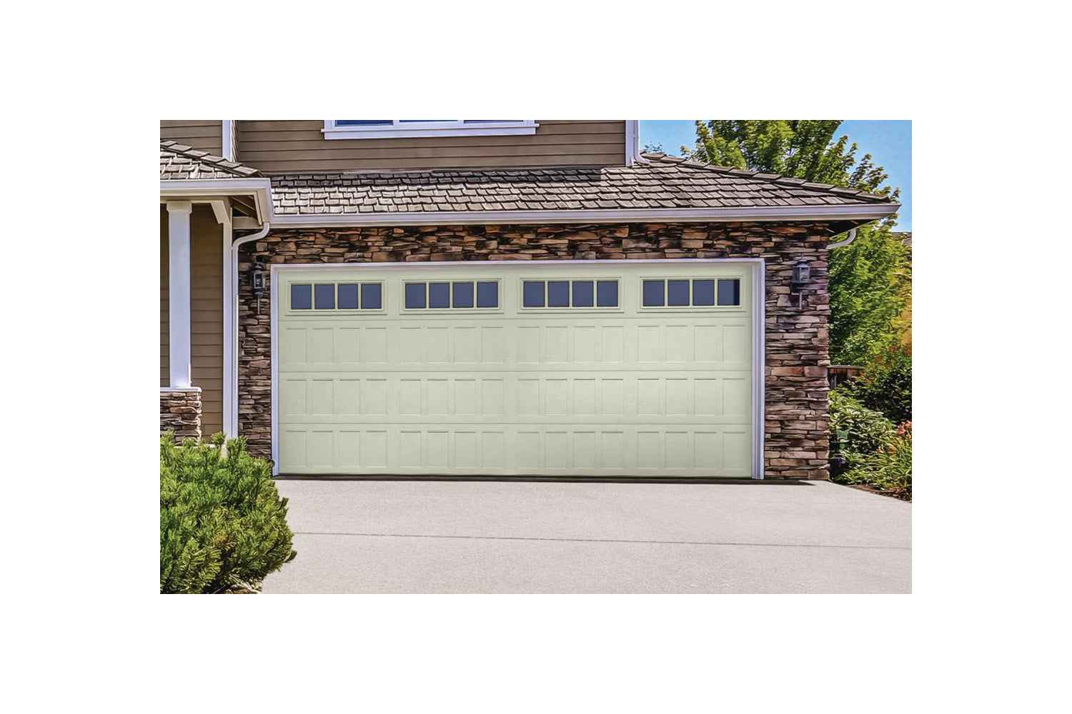 CHI Timeless Stamped Shaker Insulated Modern Garage Doors with Glass in Powder Coated Ivory