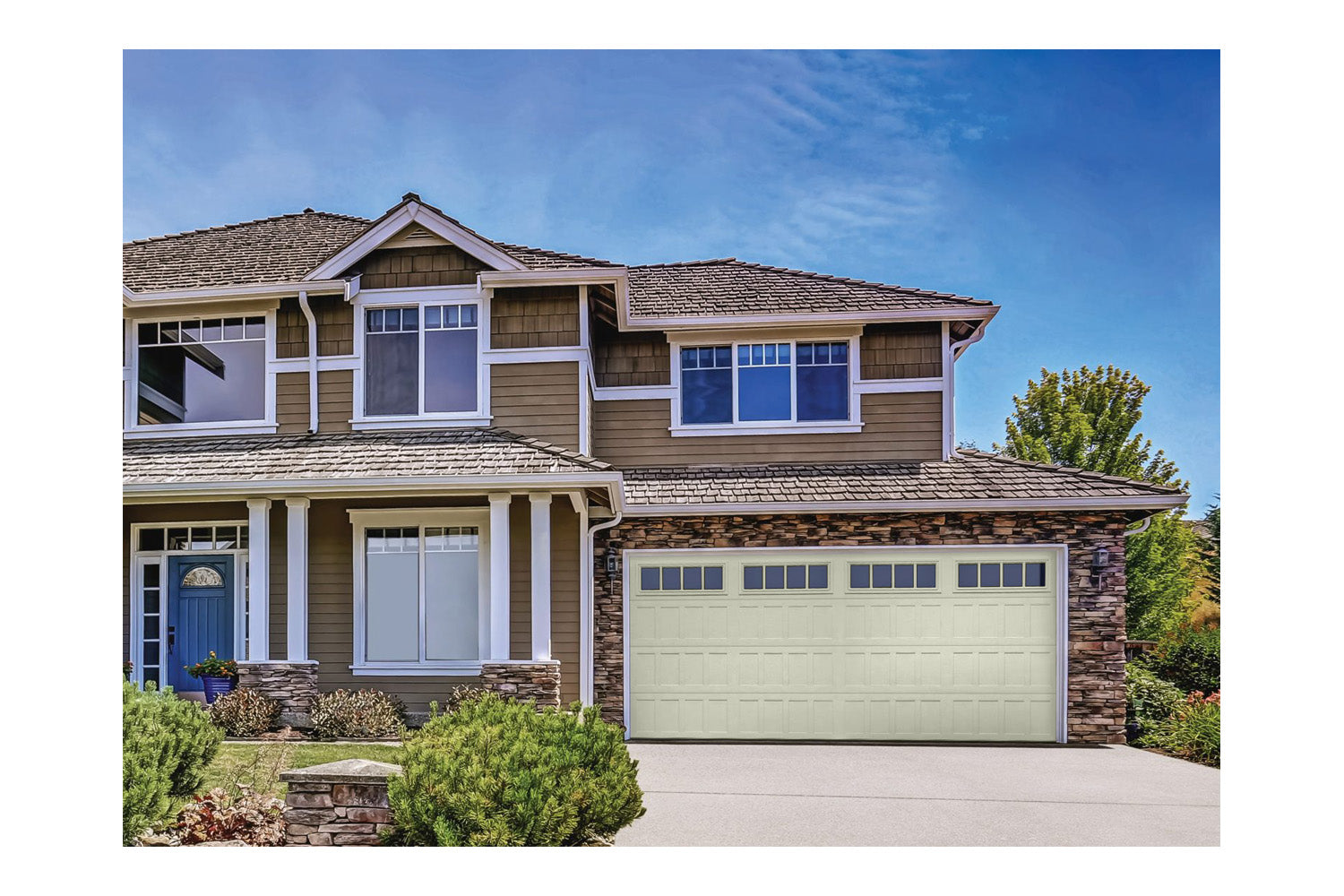 CHI Timeless Stamped Shaker Insulated Modern Garage Doors with Glass in Powder Coated Ivory