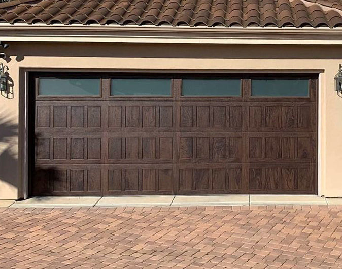 CHI Timeless Stamped Shaker Insulated Modern Garage Doors with Glass in Woodtone Mahogany