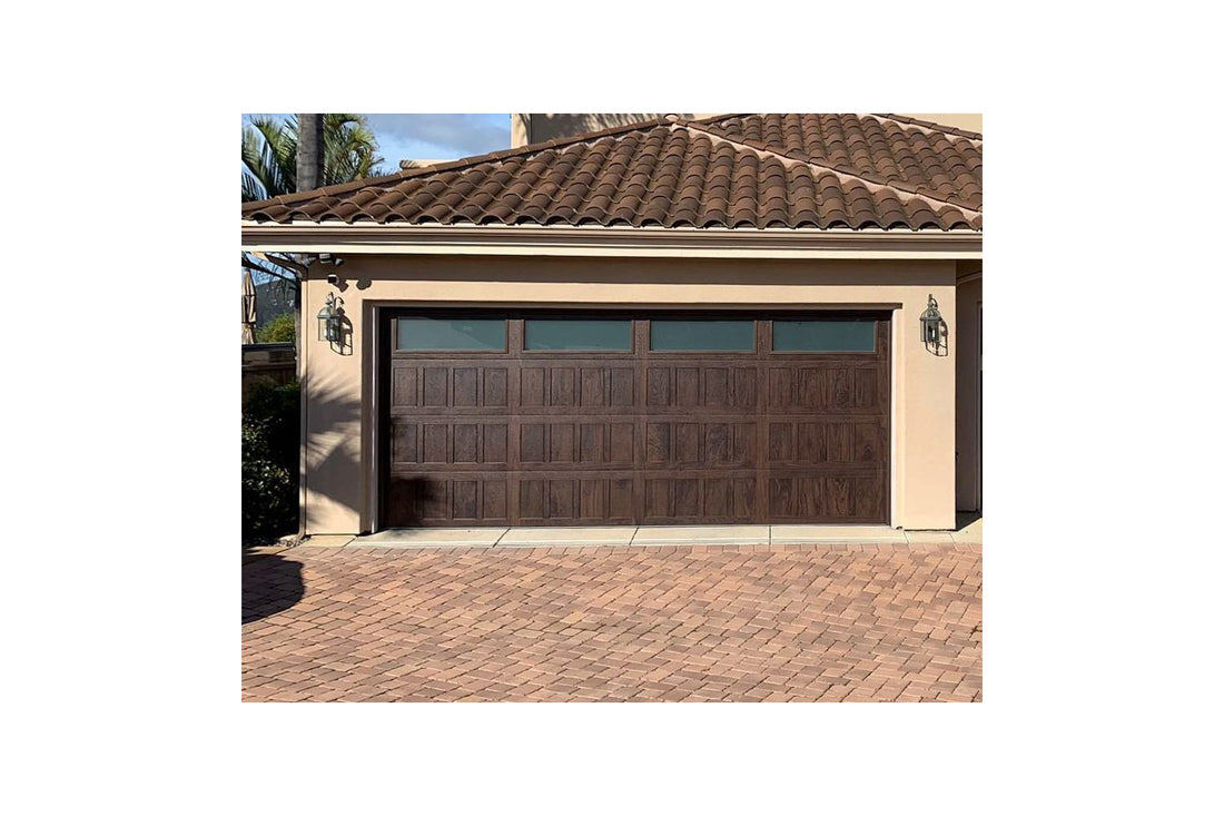 CHI Timeless Stamped Shaker Insulated Modern Garage Doors with Glass in Woodtone Mahogany