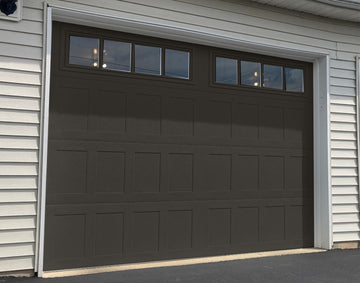 CHI Timeless Stamped Shaker Insulated Modern Garage Doors with Glass in Powder Coated Mocha Brown