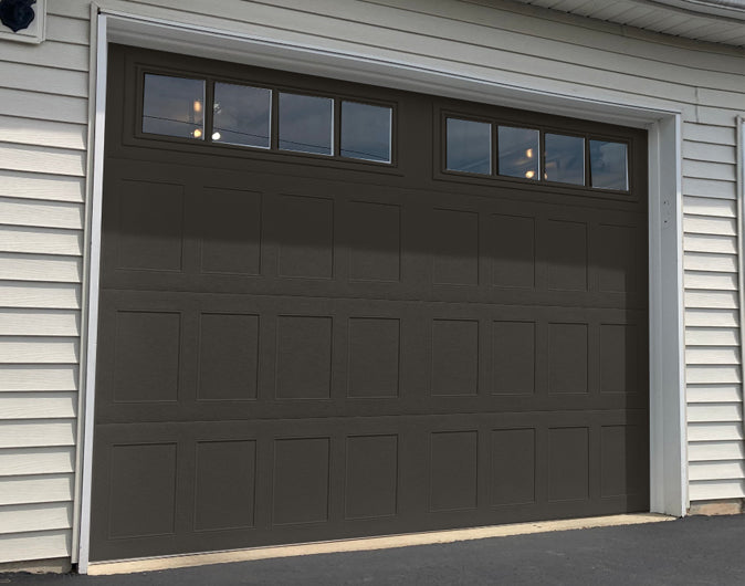 CHI Timeless Stamped Shaker Insulated Modern Garage Doors with Glass in Powder Coated Mocha Brown