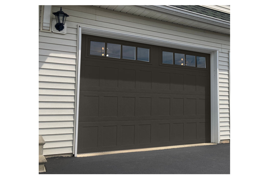 CHI Timeless Stamped Shaker Insulated Modern Garage Doors with Glass in Powder Coated Mocha Brown