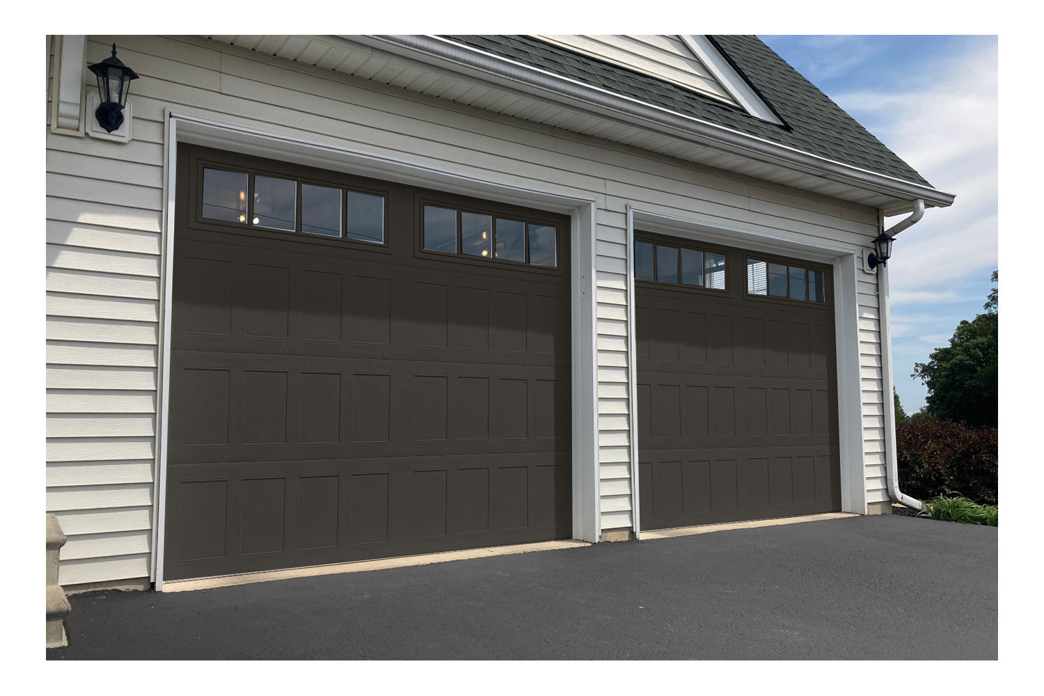 CHI Timeless Stamped Shaker Insulated Modern Garage Doors with Glass in Powder Coated Mocha Brown