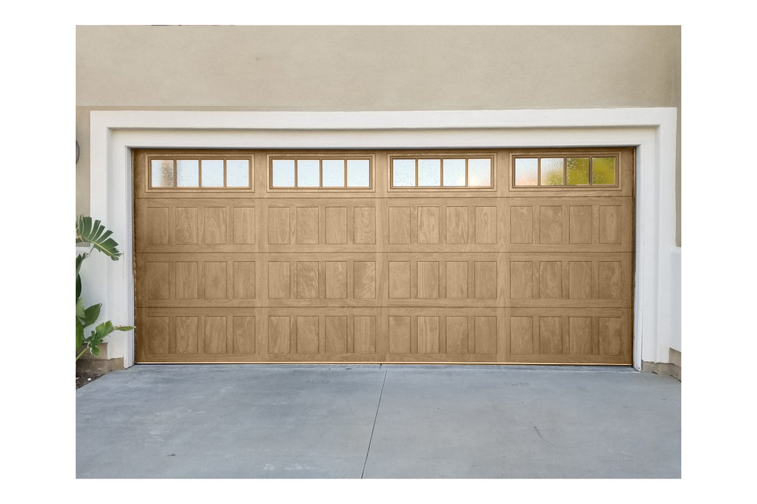 CHI Timeless Stamped Shaker Insulated Modern Garage Doors with Glass in Woodtone Natural Oak