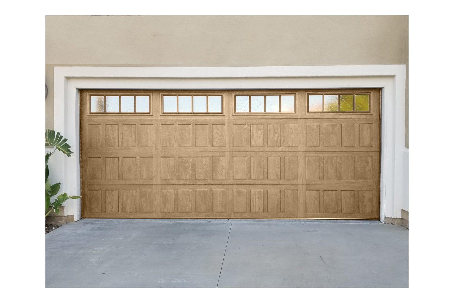 CHI Timeless Stamped Shaker Insulated Modern Garage Doors with Glass in Woodtone Natural Oak