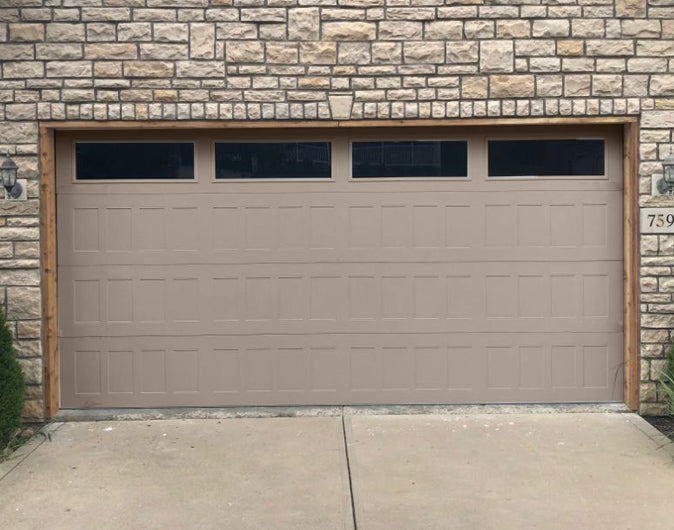 CHI Timeless Stamped Shaker Insulated Modern Garage Doors with Glass in Sandstone