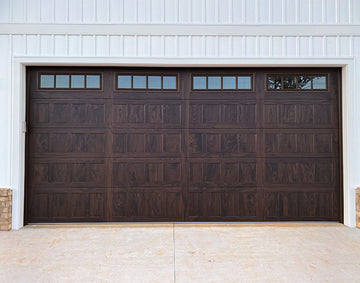CHI Timeless Stamped Shaker Insulated Modern Garage Doors with Glass in Woodtone Walnut