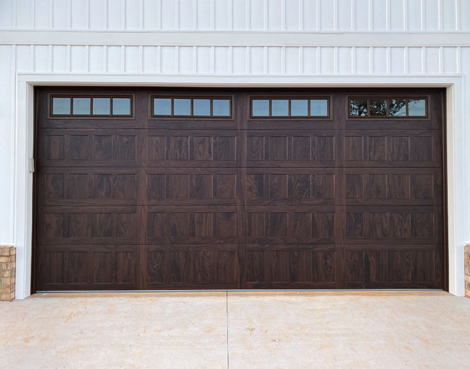 CHI Timeless Stamped Shaker Insulated Modern Garage Doors with Glass in Woodtone Walnut