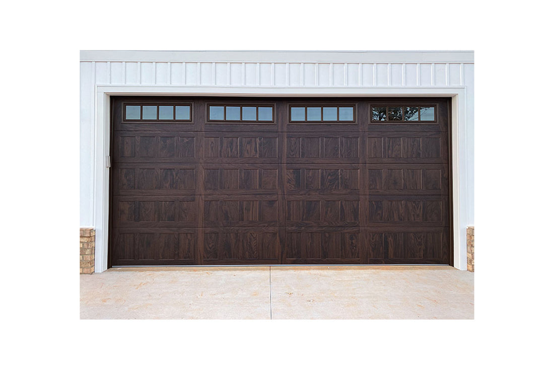 CHI Timeless Stamped Shaker Insulated Modern Garage Doors with Glass in Woodtone Walnut