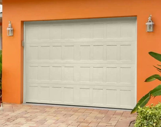 CHI Timeless Stamped Shaker Insulated Modern Garage Doors in Almond
