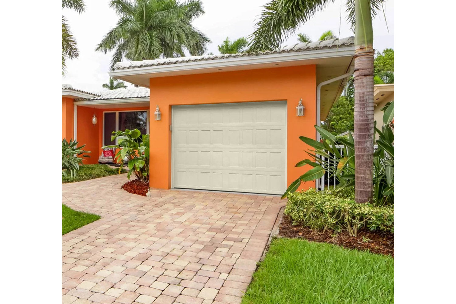 CHI Timeless Stamped Shaker Insulated Modern Garage Doors in Almond