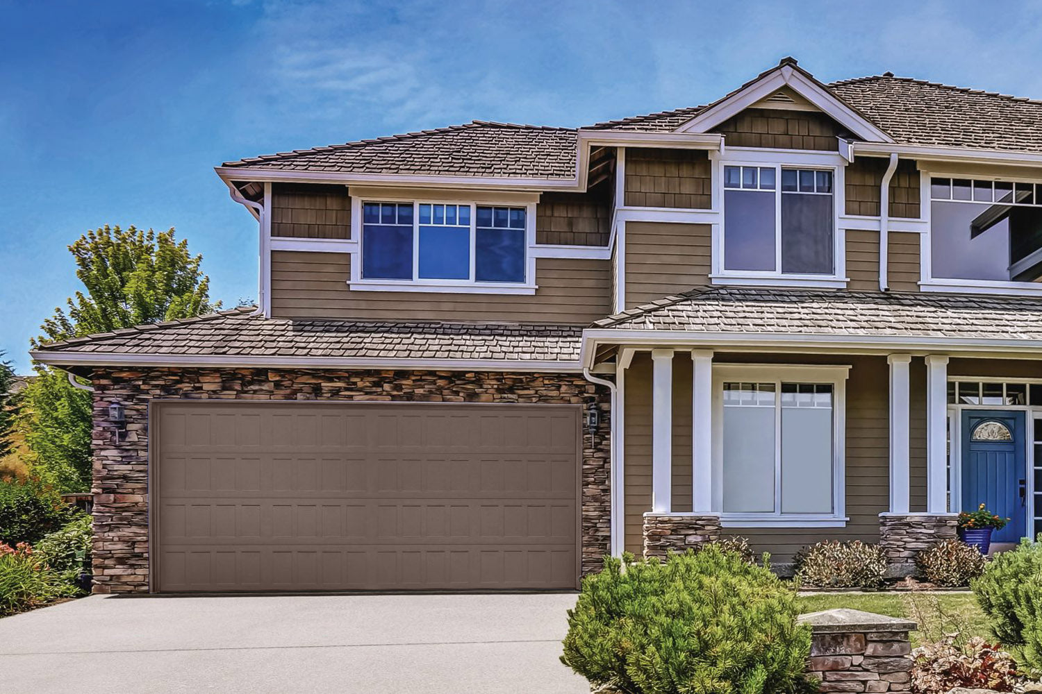 CHI Timeless Stamped Shaker Insulated Modern Garage Doors in Brown