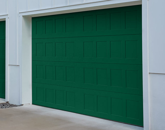 CHI Timeless Stamped Shaker Insulated Modern Garage Doors in Powder Coated Evergreen