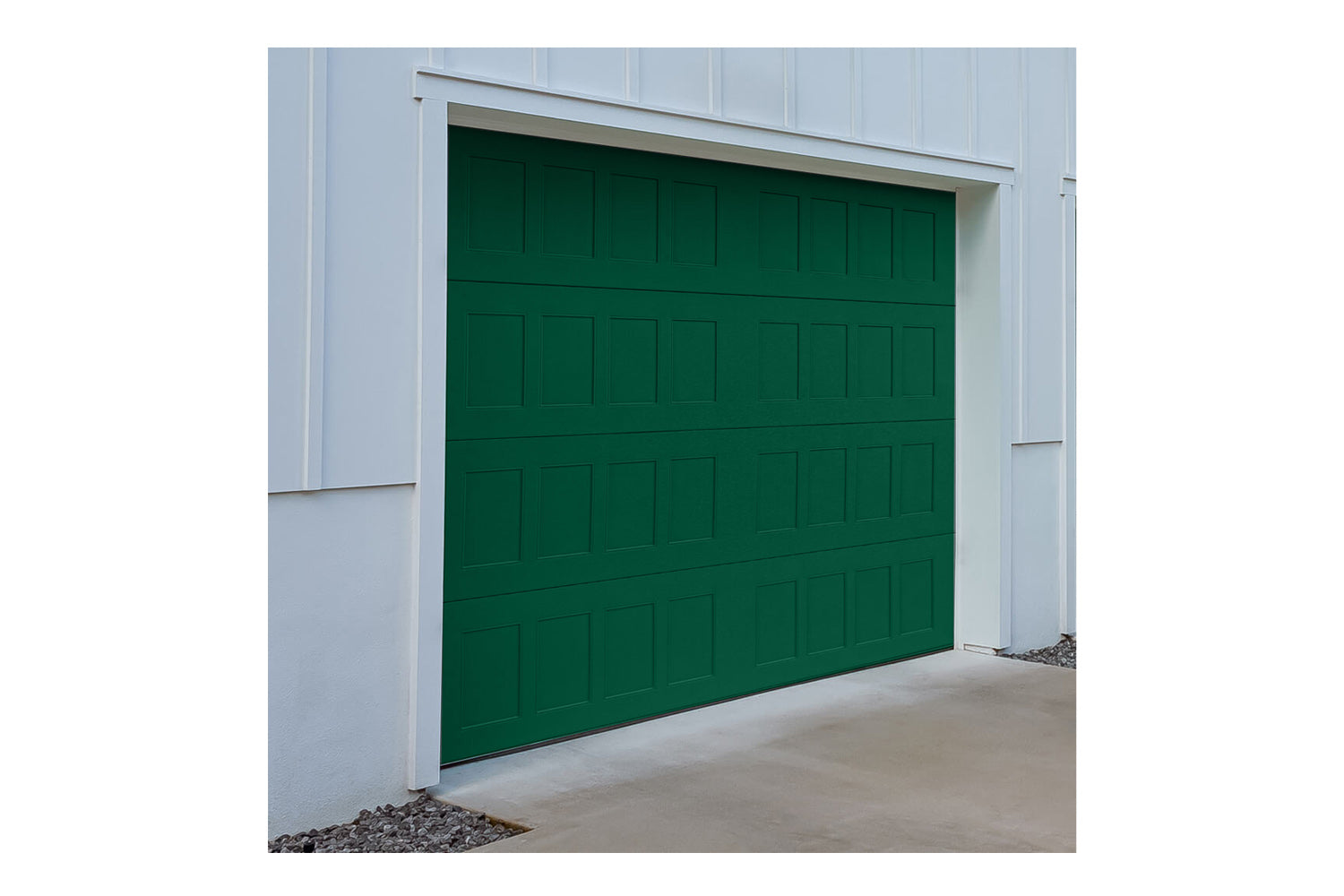CHI Timeless Stamped Shaker Insulated Modern Garage Doors in Powder Coated Evergreen
