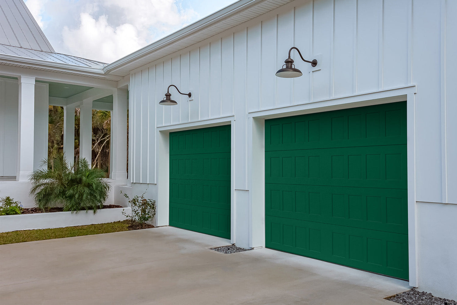 CHI Timeless Stamped Shaker Insulated Modern Garage Doors in Powder Coated Evergreen
