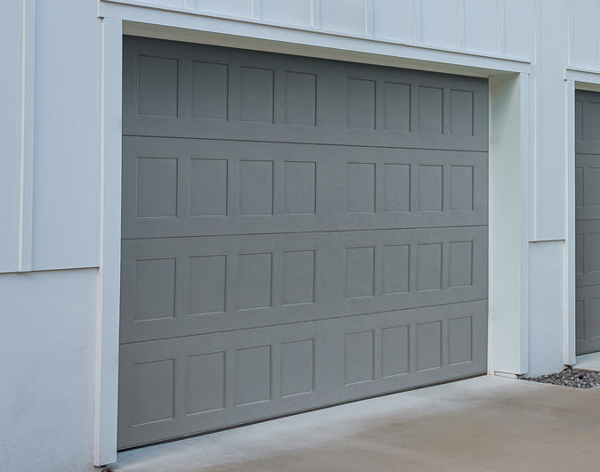 CHI Timeless Stamped Shaker Insulated Modern Garage Doors in Gray