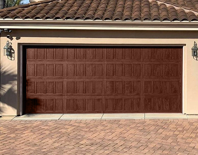 CHI Timeless Stamped Shaker Insulated Modern Garage Doors in Mahogany