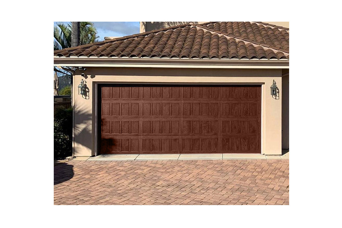CHI Timeless Stamped Shaker Insulated Modern Garage Doors in Mahogany