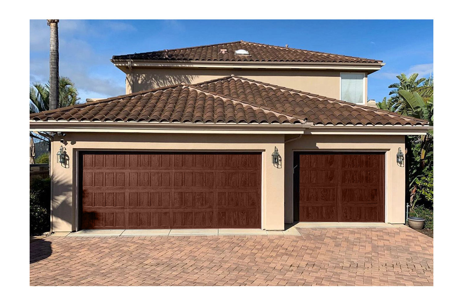CHI Timeless Stamped Shaker Insulated Modern Garage Doors in Mahogany